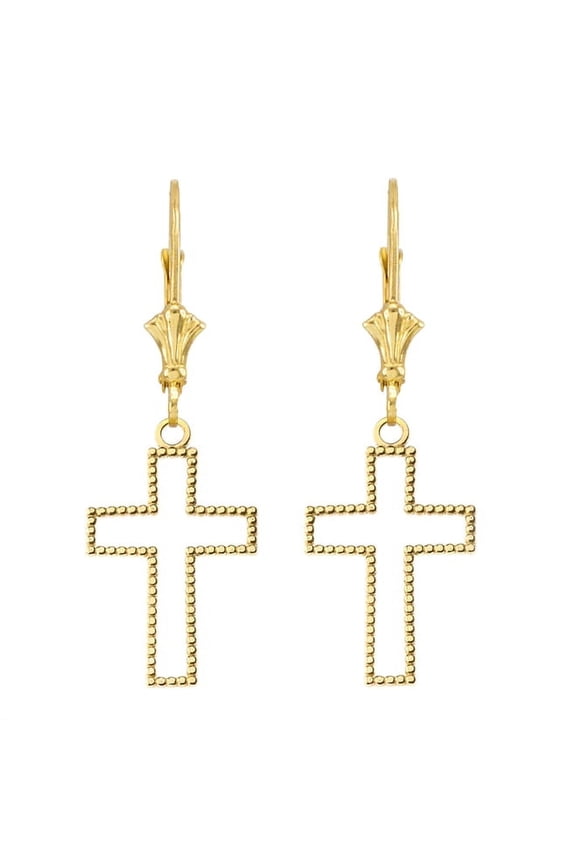 TWO SIDED BEADED OPEN CROSS EARRINGS IN YELLOW GOLD :  14K