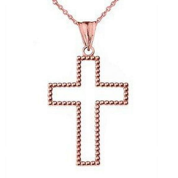 TWO SIDED BEADED OPEN CROSS PENDANT NECKLACE IN ROSE GOLD (1.5")