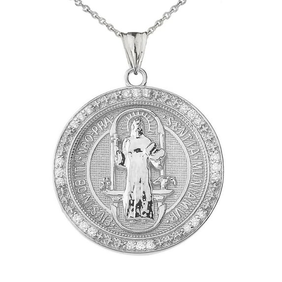 TWO SIDED SAINT BENEDICT MEDALLION PENDANT NECKLACE IN WHITE GOLD