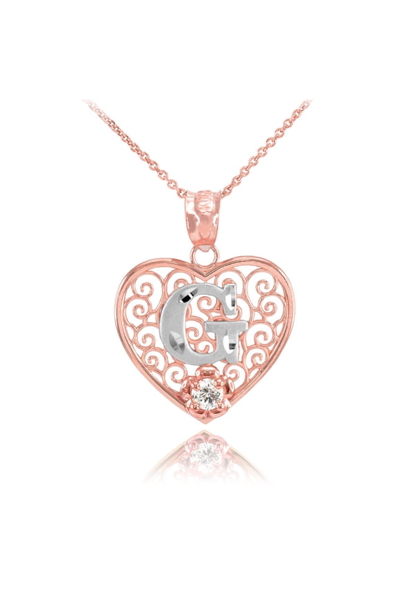 TWO TONE ROSE GOLD FILIGREE HEART "G" INITIAL CZ PENDANT NECKLACE : 14K Pendant with 18" chain