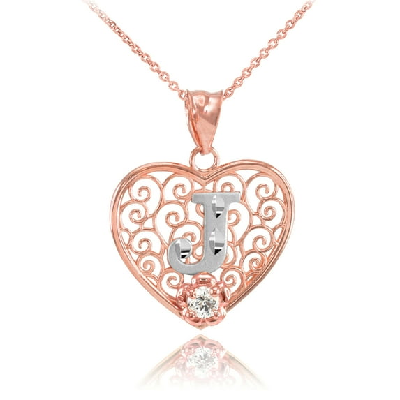 TWO TONE ROSE GOLD FILIGREE HEART "J" INITIAL CZ PENDANT NECKLACE : 10K Pendant with 18" chain