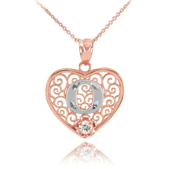 TWO TONE ROSE GOLD FILIGREE HEART "O" INITIAL CZ PENDANT NECKLACE : 14K Pendant with 20" chain