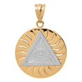 thumbnail image 1 of TWO TONE SOLID YELLOW GOLD ILLUMINATI ALL SEEING EYE OF PROVIDENCE CIRCLE PENDANT NECKLACE :  14K  Pendant with 22" chain, 1 of 1