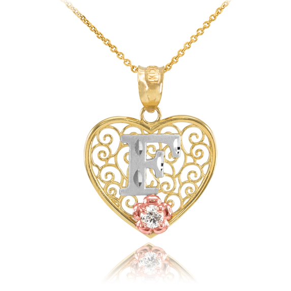 TWO TONE YELLOW GOLD FILIGREE HEART "F" INITIAL CZ PENDANT NECKLACE : 10K Pendant with 20" chain