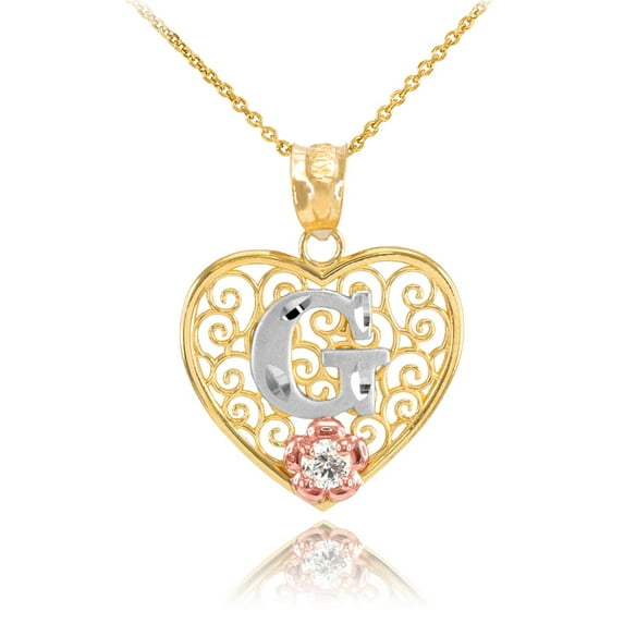 TWO TONE YELLOW GOLD FILIGREE HEART "G" INITIAL CZ PENDANT NECKLACE : 14K Pendant with 20" chain
