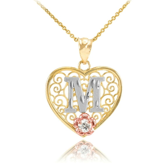 TWO TONE YELLOW GOLD FILIGREE HEART "M" INITIAL CZ PENDANT NECKLACE : 10K Pendant with 18" chain