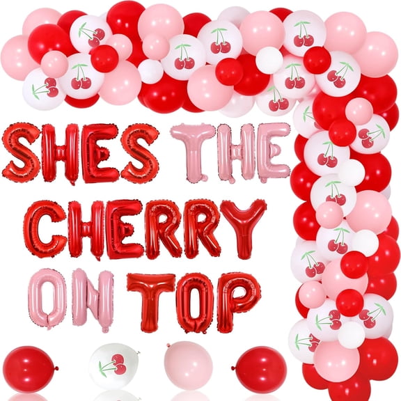 TWO WILD Cherry Birthday Party Decorations - Girls 'She's The Cherry On Top' Baby Shower & Birthday Balloon Garland Kit - Fruit Theme Party Supplies