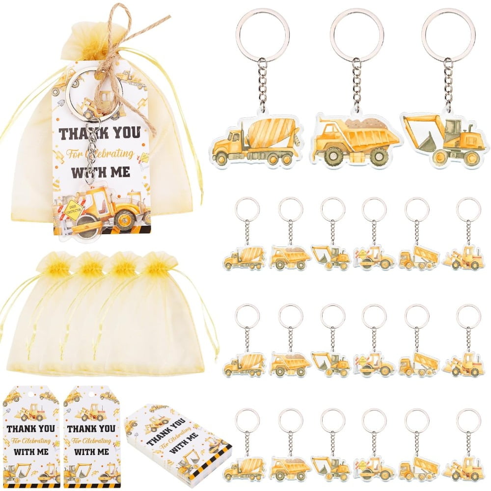 TWO WILD Serencatcher Construction Theme Party Favor, 72pcs Truck Party Favor Key Chain Thank You for Celebrating with Me Tag White Organza Bag for Construction Baby Shower Birthday Party Supplies