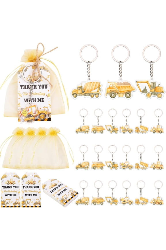 Serencatcher Construction Theme Party Favor, 72pcs Truck Party Favor Key Chain Thank You for Celebrating with Me Tag White Organza Bag for Construction Baby Shower Birthday Party Supplies