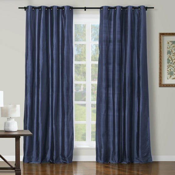 TWOPAGES 100% Dupioni Silk 26 W X 84 L Inch Black Grommet Curtain Light Filtering Drape for Kitchen, 1 Panel, Indigo