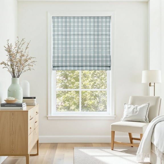 TWOPAGES 34"x60" Jacquard Cordless Linen Blend Roman Shade Light Filtering Blinds for Living Room, 1 Piece, Oceanstone