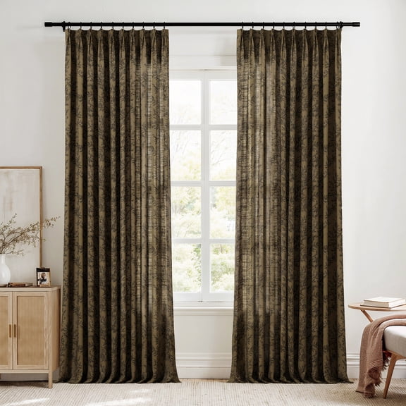 TWOPAGES 42 X 102 Inches Long Linen Blend Leaves Print 1 Panel Curtain Light Fitlering Pinch Pleat Drape for Bedroom, Bronze