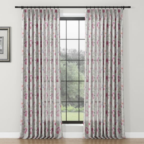 TWOPAGES 42"x72" Pinch Pleat Curtain Floral Print Polyester Linen Light Filtering Drape for Living Room, 1 Panel, Gouache