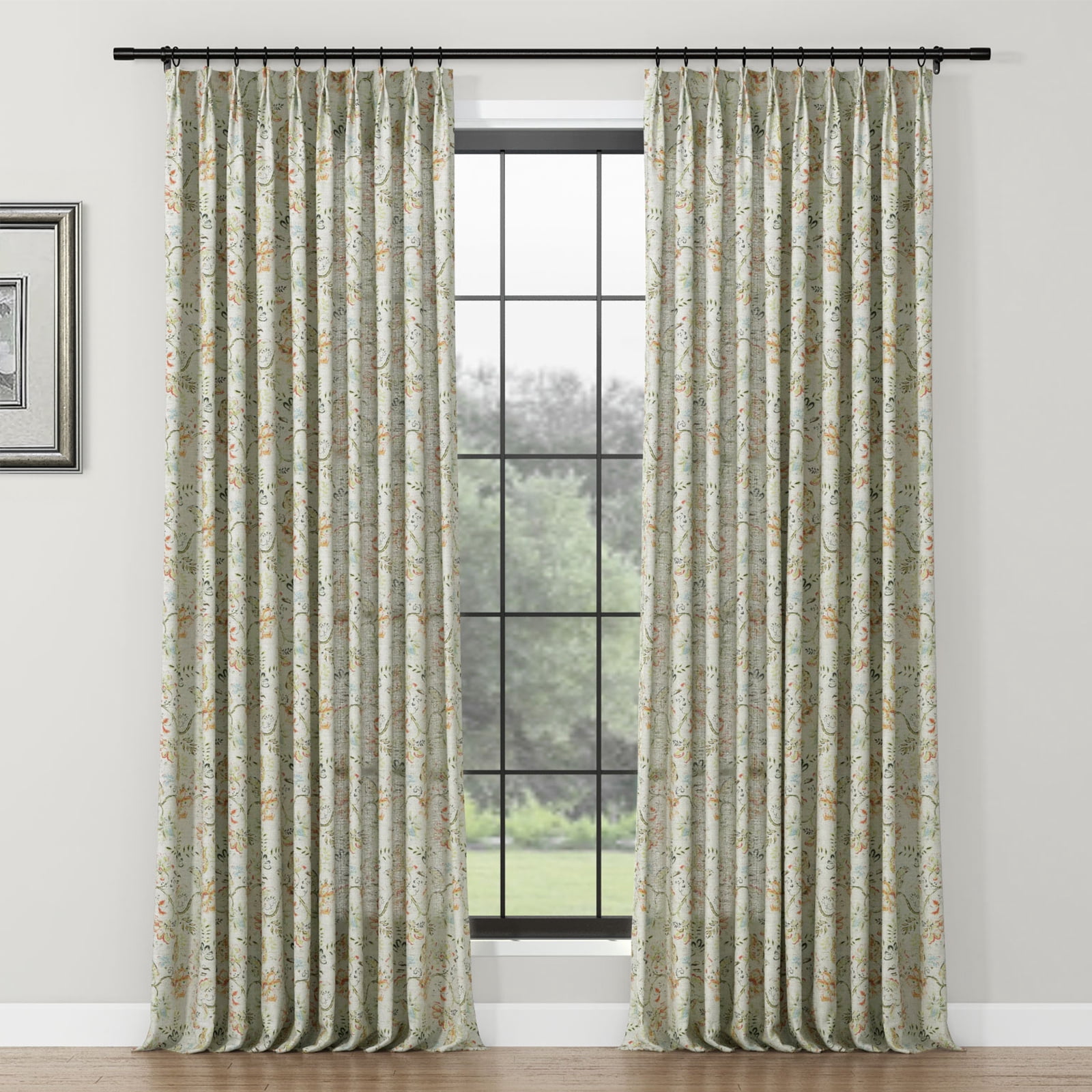 TWOPAGES 42"x84" Linen Blend Curtain Boho Botanical Light Filtering Pinch Pleat Drape for Door Window, 1 Panel, Bright