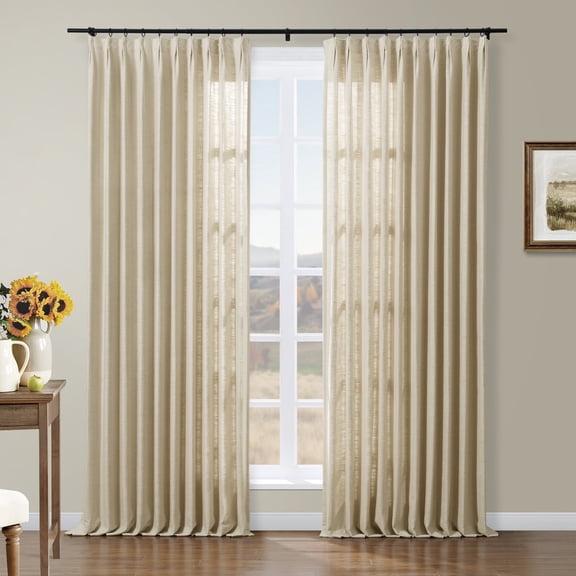 TWOPAGES 52 W X 102 L Inch Curtain Pinch Pleat Hanging Style Drape Light Filtering Linen Blend Textured Drapery for Kitchen, 1 Panel, Light Khaki