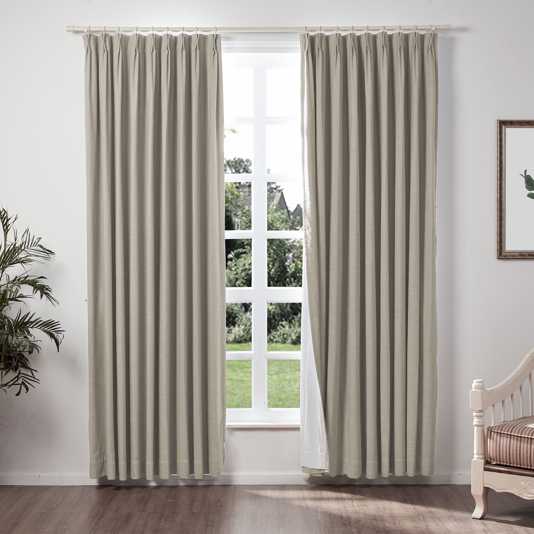 TWOPAGES 52 W X 63 L Inch Curtain Pinch Pleated Top Drape Blackout Linen Textured Drapery for Bedroom Kids Room, 1 Panel, Birch