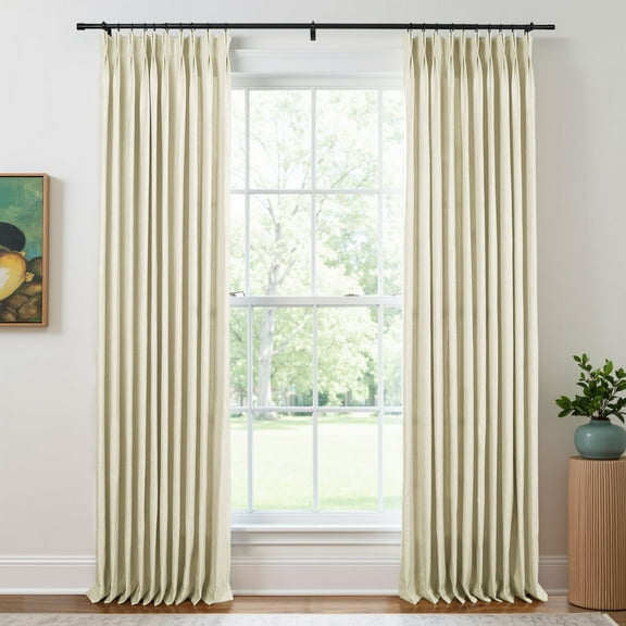TWOPAGES 52 W X 84 L Inch Drapery French Pleat Polyester Light Filtering Textured Soft Curtain for Kitchen, 1 Panel, Beige White