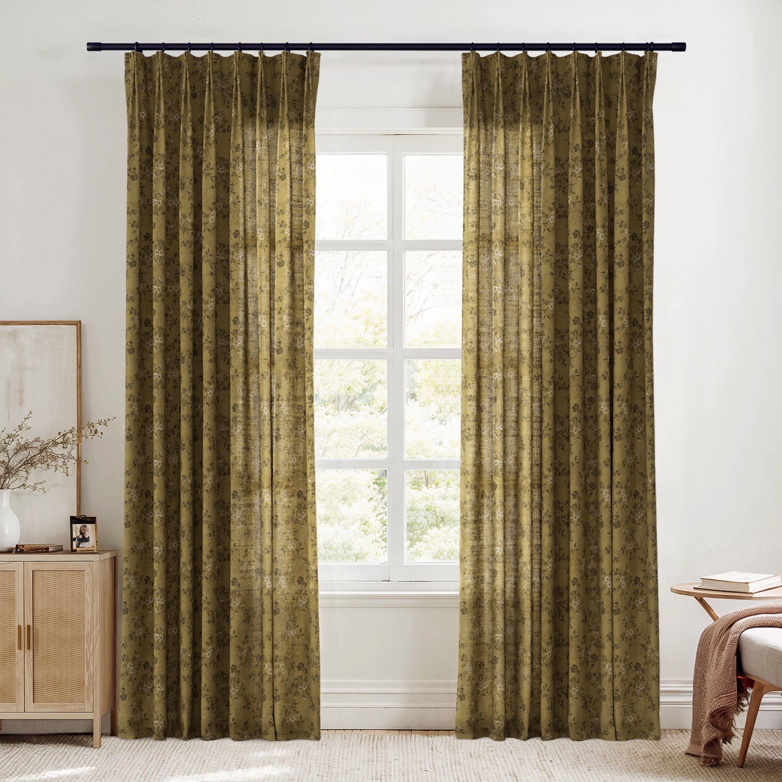 TWOPAGES 52 X 72 Inches Long Curtain 1 Panel Light Filtering Pinch Pleat Linen Blend Floral Print Drape for Living Room, Copper