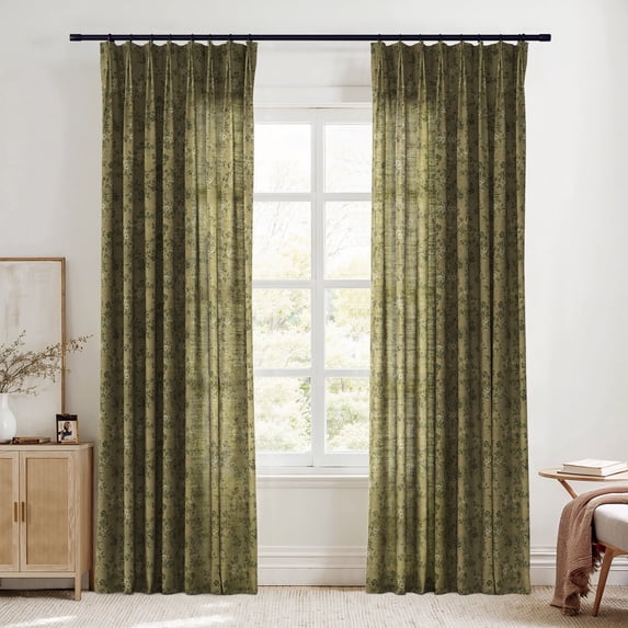 TWOPAGES 72 X 108 Inches Long Curtain 1 Panel Pinch Pleat Light Filtering Linen Blend Floral Print Drape for Guest Room, Ivy Brown