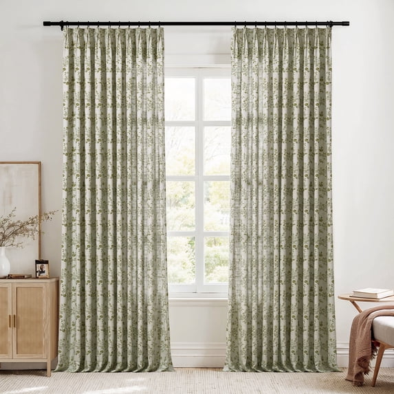 TWOPAGES 72 X 108 Inches Long Curtain 1 Panel Pinch Pleat Light Filtering Linen Blend Floral Print Drape for Guest Room, Porcelain