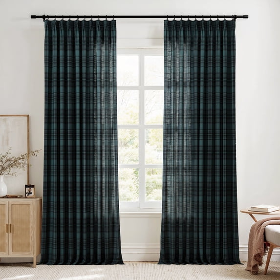 TWOPAGES 72 X 84 Inches Long Linen Blend Plaid Print 1 Panel Curtain Light Fitlering Pinch Pleat Drape for Bedroom, Midnight