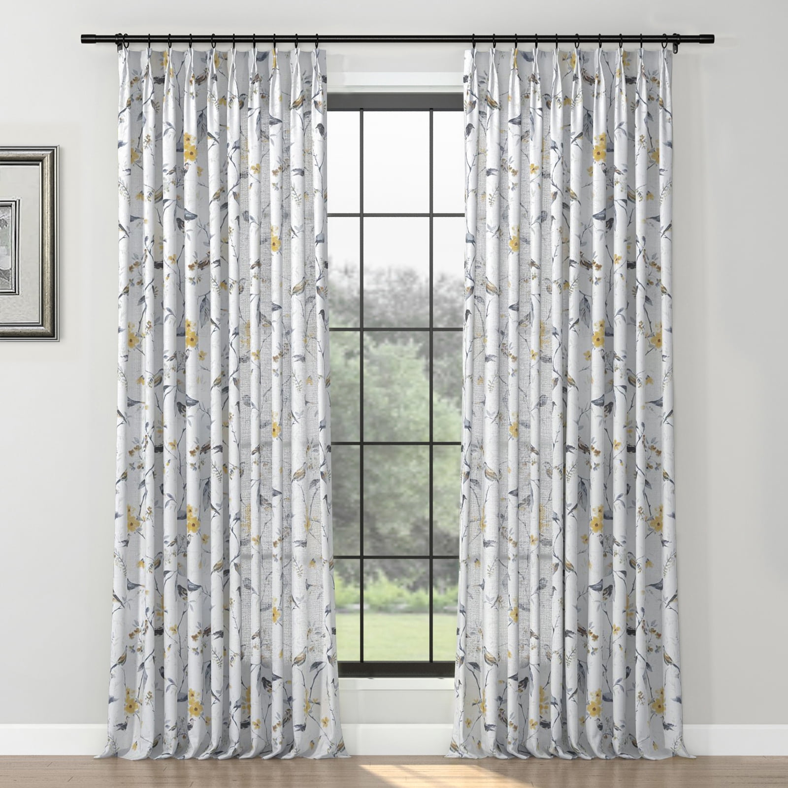 TWOPAGES 72"x84" Floral Print Light Filtering Drape Pinch Pleat Header Linen Blend Curtain for Bedroom, 1 Panel, Birds