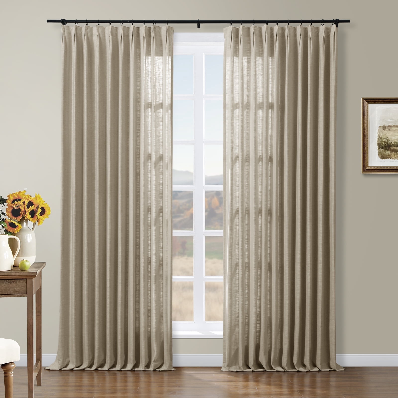 TWOPAGES 84 W X 102 L Inch Curtain Pinch Pleat Hanging Style Drape Light Filtering Linen Blend Textured Drapery for Kitchen, 1 Panel, Grey Beige