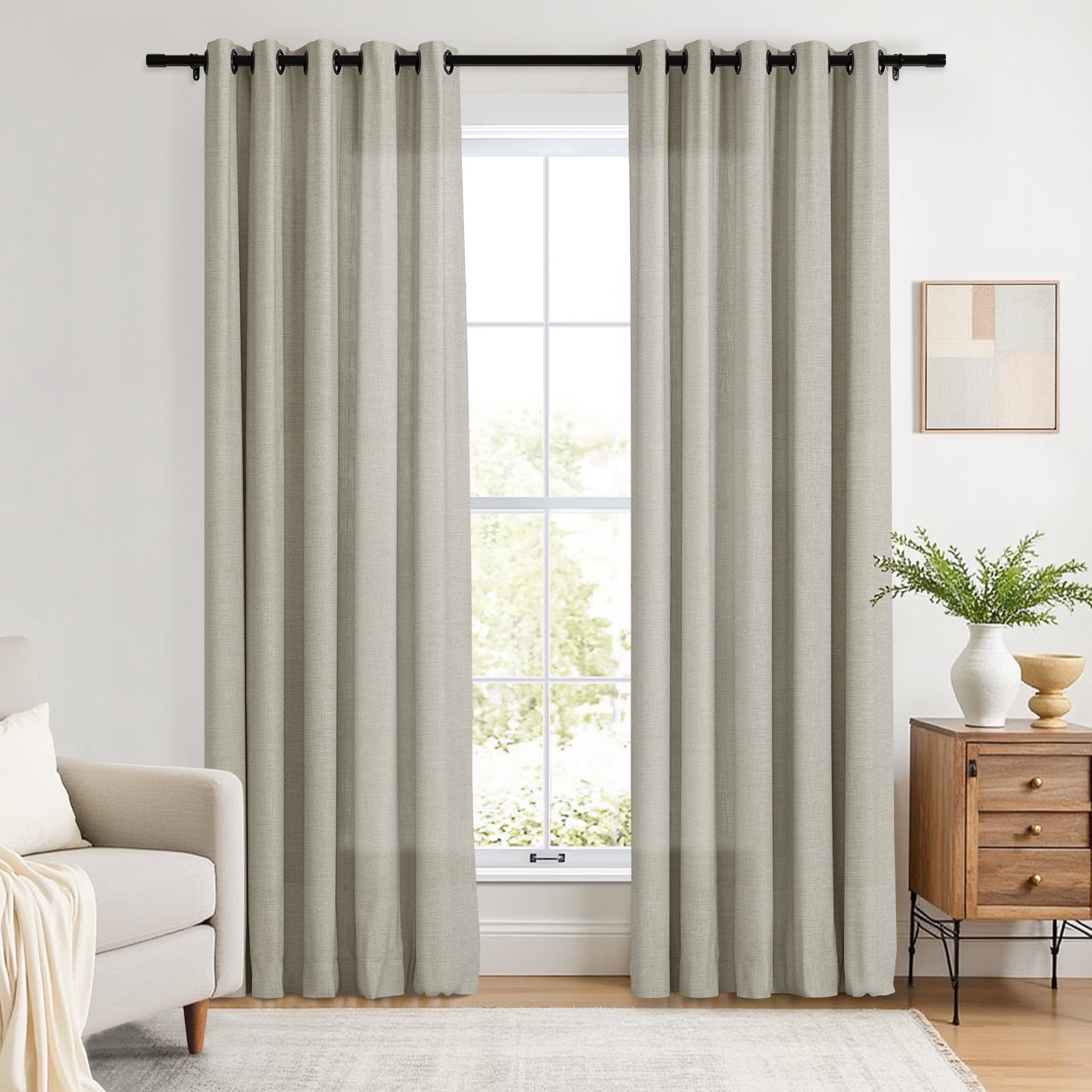 TWOPAGES 84 W X 63 L Inch Drapery Grommet Top Light Filtering Curtain Soft Linen Textured Drape for Bedroom, 1 Panel, Birch