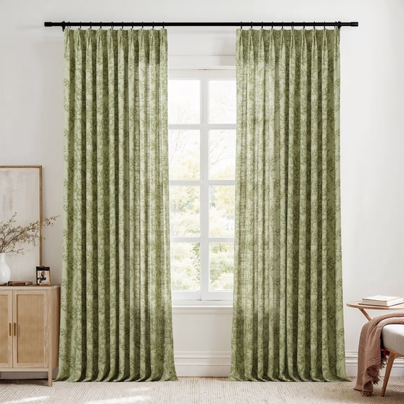 TWOPAGES 84 X 96 Inches Long Polyester Linen Leaves Print 1 Panel Drape Light Filtering Pinch Pleat Curtain for Kitchen, Jade