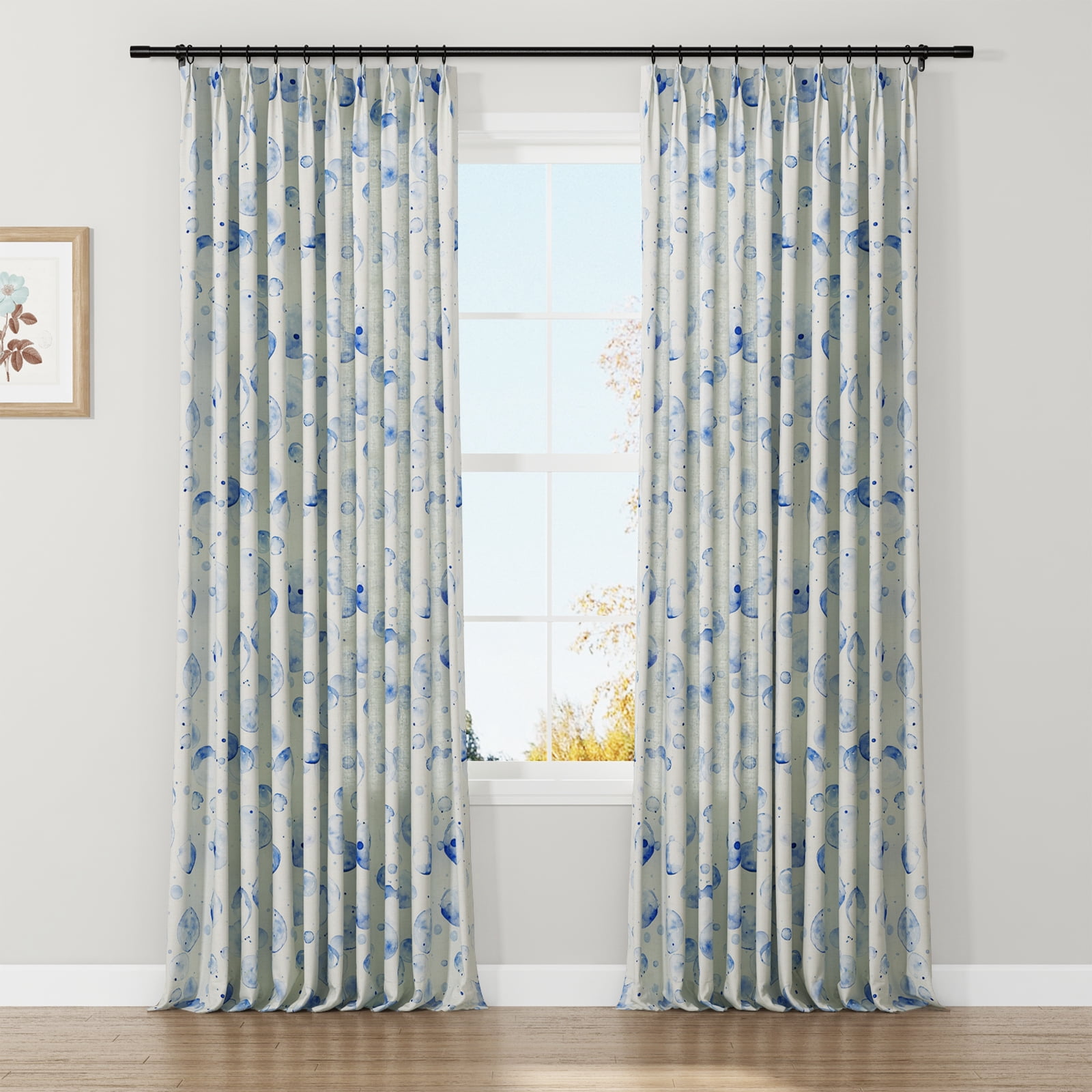 TWOPAGES 84"x102" Polyester Linen Drape Pinch Pleated Light Filtering Boho Print Curtain for Kitchen, 1 Panel, Blue Bubbles