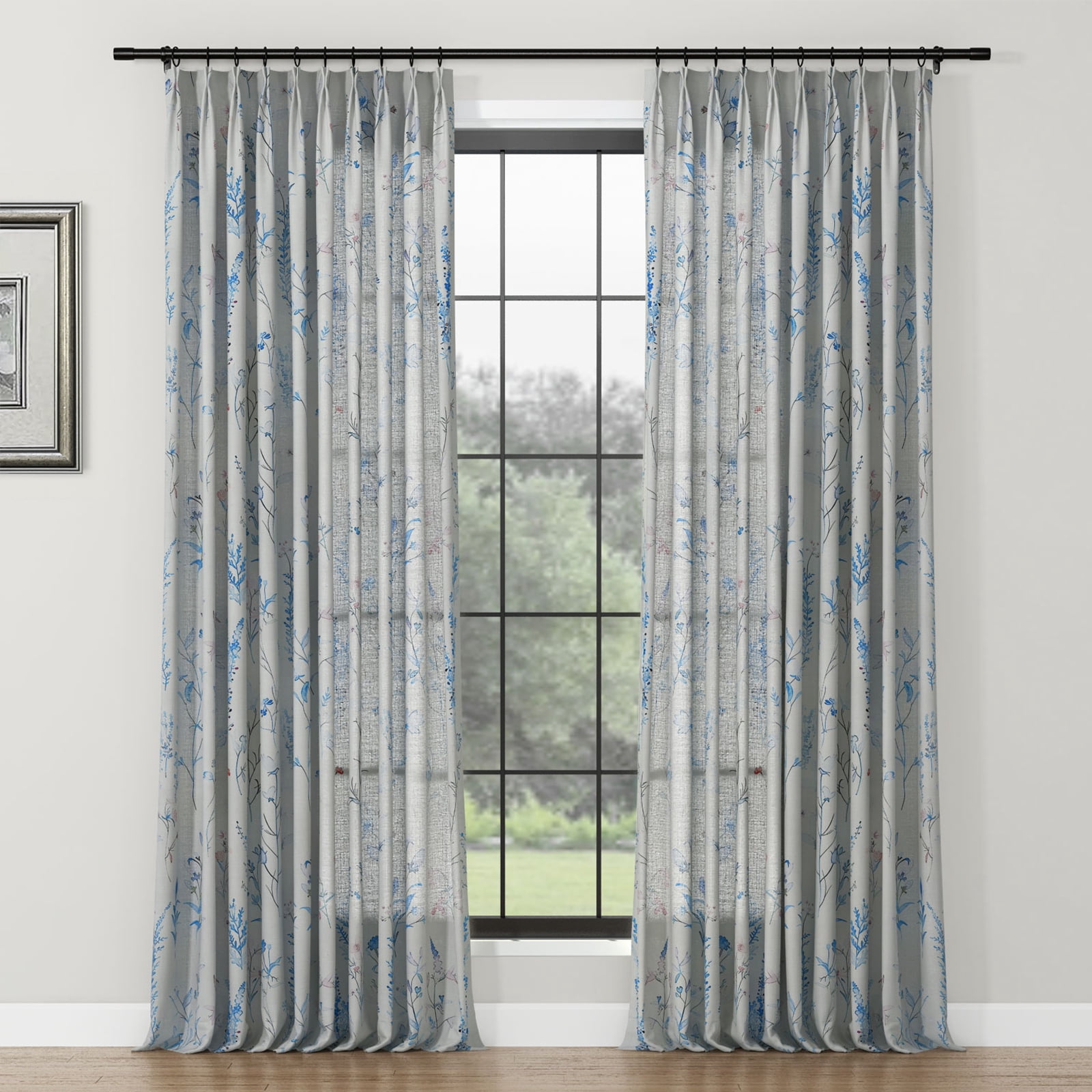 TWOPAGES 84"x63" Pinch Pleat Drape Floral Print Polyester Linen Light Filtering Curtain for Kitchen, 1 Panel, Blue
