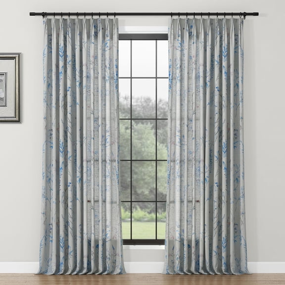 TWOPAGES 84"x63" Pinch Pleat Drape Floral Print Polyester Linen Light Filtering Curtain for Kitchen, 1 Panel, Blue