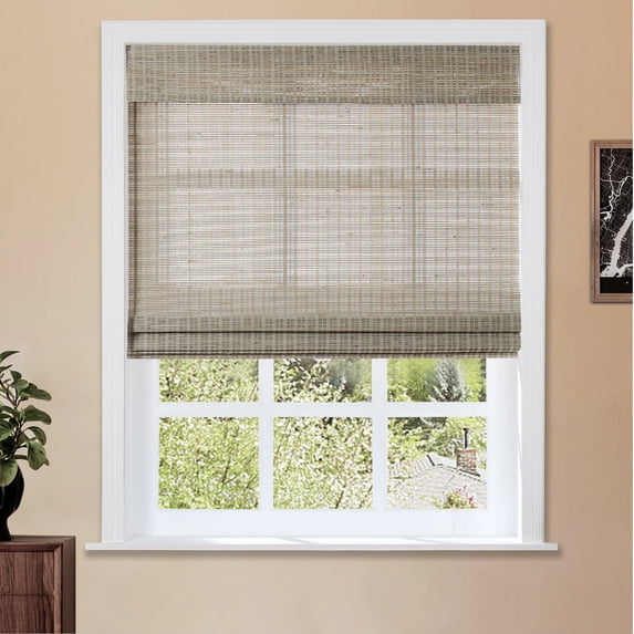TWOPAGES Cordless Natural Bamboo Blinds 33"x72" Light Filtering Roman Shade for Indoor Window, Wood