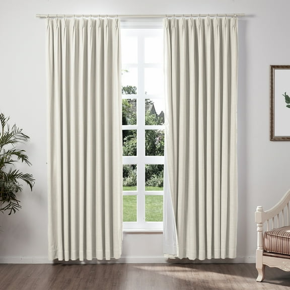 TWOPAGES 52 W X 84 L Inch Curtain Pinch Pleated Hanging Style Drapery Blackout Solid Linen Drapery for Bedroom, 1 Panel, Ivory White