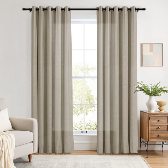 TWOPAGES Faux Linen Curtain 42 W X 96 L Inch Grommet Hanging Style Light Filtering Privacy Protection Drape for Kitchen, 1 Panel, Grey Beige