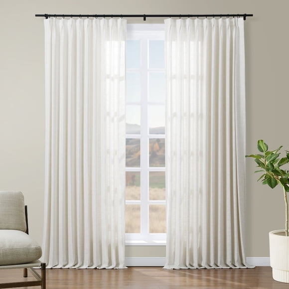 TWOPAGES 52 W X 84 L Inch Curtain Pinch Pleated Hanging Style Drapery Light Filtering Solid Linen Drapery for Bedroom, 1 Panel, Ivory White