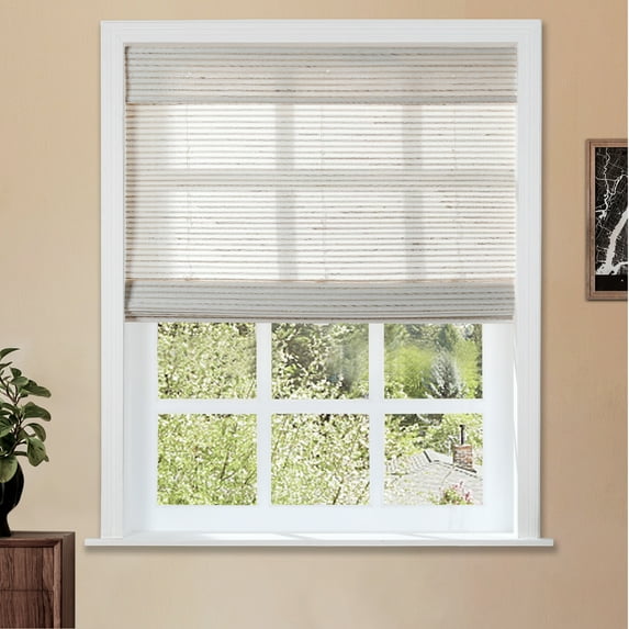 TWOPAGES Light Filtering 23"x72" Cordless Woven Bamboo Blinds Ramie Roman Shade for Indoor Window, Cream