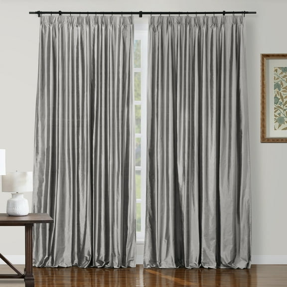 TWOPAGES Light Filtering 26 W X 102 L Inch Pinch Pleat Drape Silk Privacy Protection Curtain for Bedroom, 1 Panel, Silver Gray