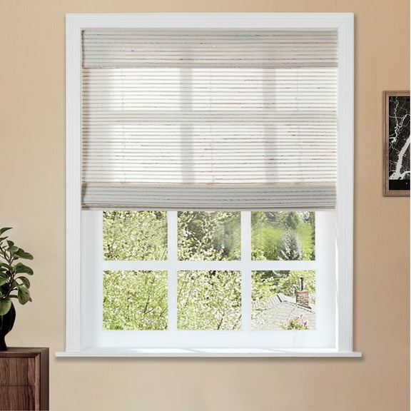 TWOPAGES Light Filtering 27"x72" Woven Cordless Bamboo Blinds Ramie Roman Shade for French Doors, Cream