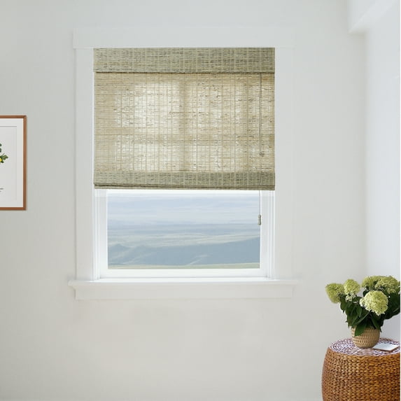 TWOPAGES Light Filtering 39"x64" Cordless Woven Bamboo Blinds Ramie Roman Shade for Indoor Window, Straw