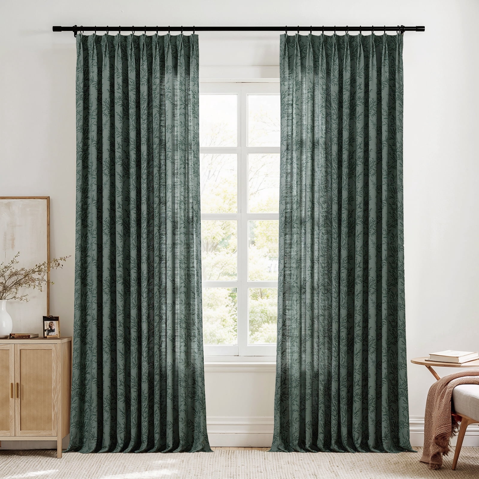 TWOPAGES Light Filtering Curtain 26 X 72 Inches Long 1 Panel Pinch Pleat Linen Blend Leaves Print Drape for Guest Room, Denim