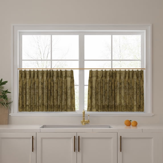 TWOPAGES Light Filtering Pinch Pleated Print Cafe Curtains for Kitchen Small Windows, 2 Panels, 26"x18", Copper