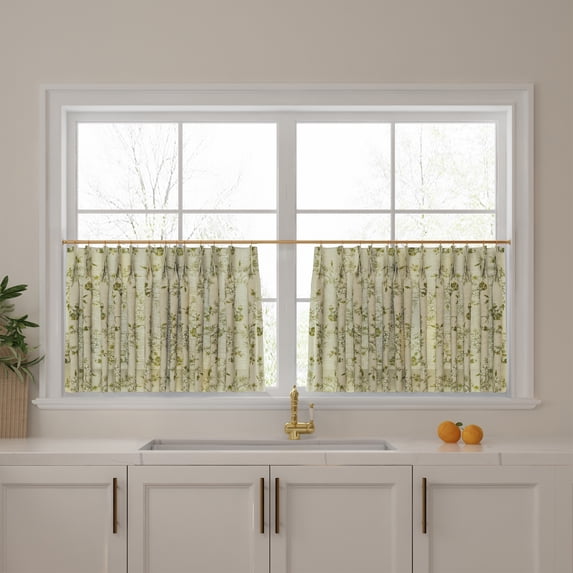TWOPAGES Light Filtering Pinch Pleated Print Cafe Curtains for Kitchen Small Windows, 2 Panels, 26"x18", Porcelain