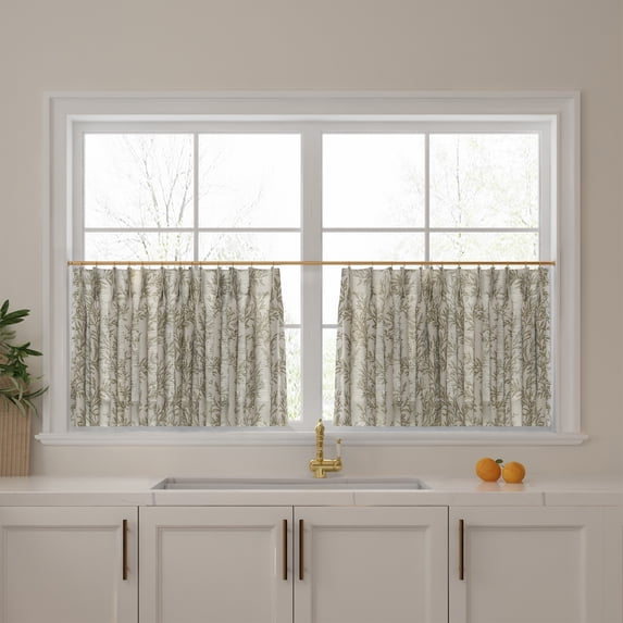 TWOPAGES Light Filtering Pinch Pleated Print Cafe Curtains for Kitchen Small Windows, 2 Panels, 26"x18", Stone