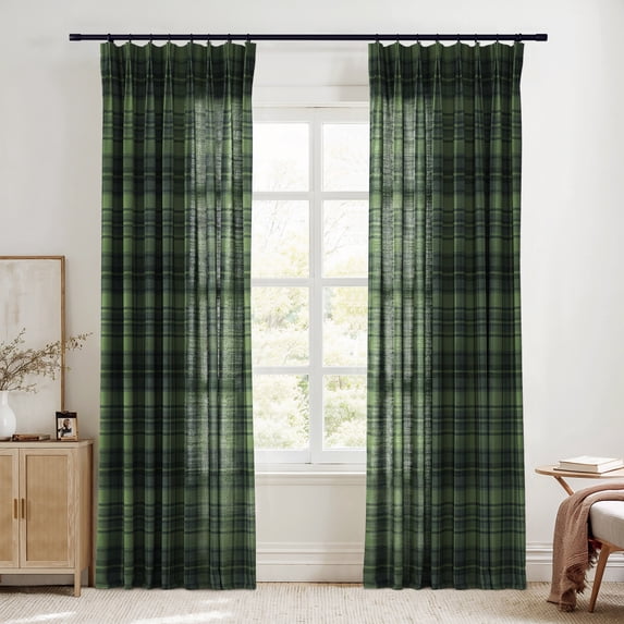TWOPAGES Linen Blend 26 X 72 Inches Long Curtain 1 Panel Pinch Pleat Light Filtering Plaid Print Drape for Kids Room, Evergreen