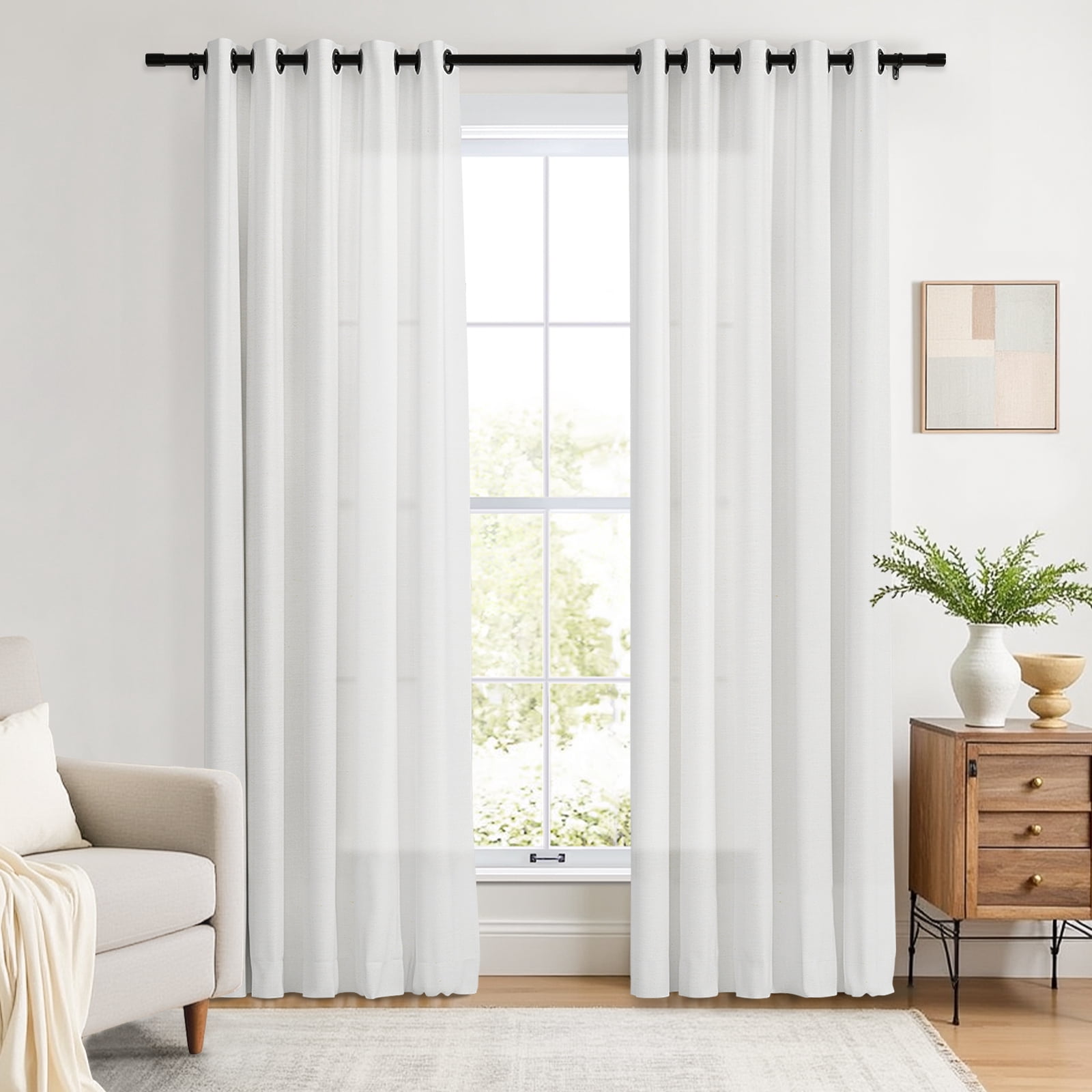 TWOPAGES Linen Blend 42 W X 63 Inch Grommet Drapery Sun Filtering Window Treatment Curtain for Living Room, 1 Panel, Beige White