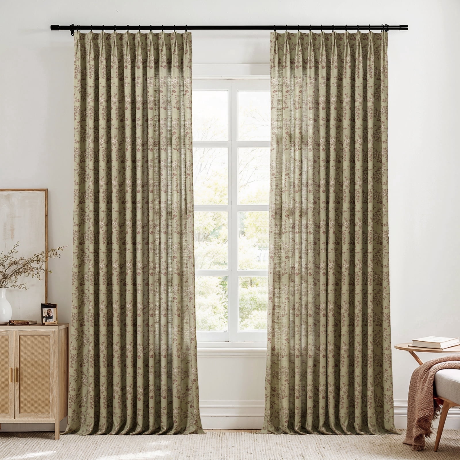 TWOPAGES Linen Blend 52 X 102 Inches Long 1 Panel Curtain Pinch Pleated Light Filtering Floral Print Curtain for Living Room, Scarlett