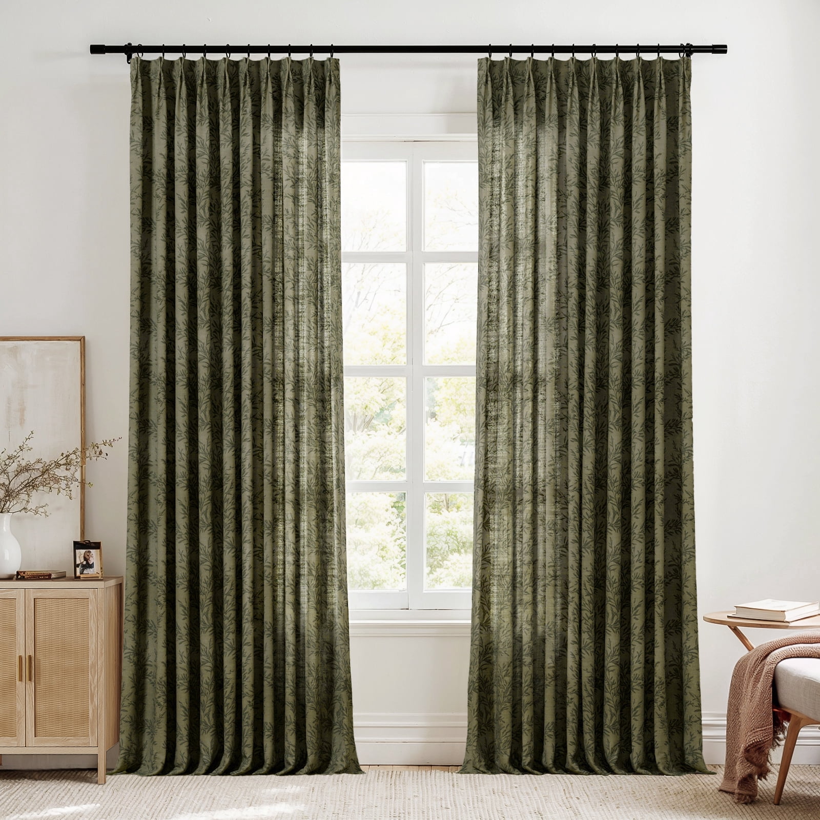TWOPAGES Linen Blend 72 X 72 Inches Long 1 Panel Curtain Pinch Pleated Light Filtering Leaves Print Curtain for Living Room, Brown Olive