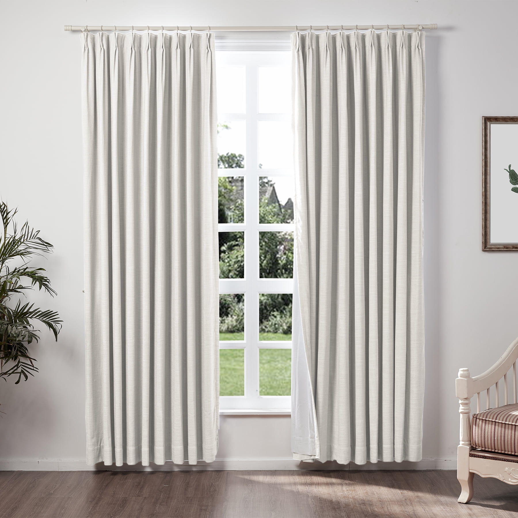 TWOPAGES Linen Blend Curtain 26 W X 72 L Inch Blackout Pinch Pleat Top Privacy Protection Drape for Patio Door, 1 Panel, Beige White