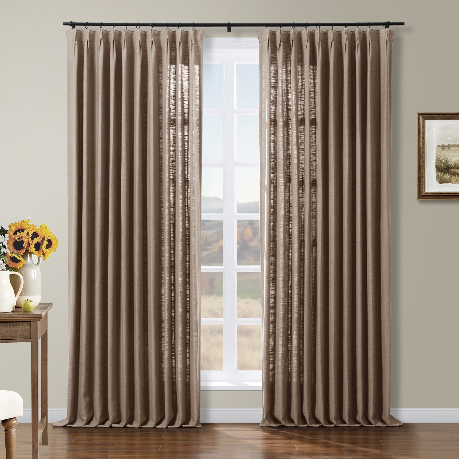TWOPAGES Linen Blend Drape 72 W X 108 L Inch Light Filtering Pinch Pleat Top Drape for Patio Door, 1 Panel, Rust Brown